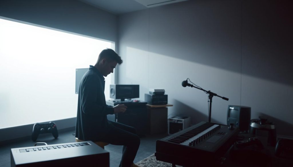 A serene, minimalist music studio with a dimly lit, atmospheric ambiance. In the foreground, a lone musician intently focuses on a compact, retro-style synthesizer, its muted, ambient tones filling the room. Soft, diffused lighting emanates from behind, casting a warm, contemplative glow. In the middle ground, various game console controllers and classic gaming memorabilia hint at the inspirations for this meditative, pixel-art-inspired soundscape. The background blends into a hazy, dreamlike expanse, suggesting the boundless, immersive nature of the music. The overall scene evokes a sense of calm focus, perfectly suited for deep work and concentration.