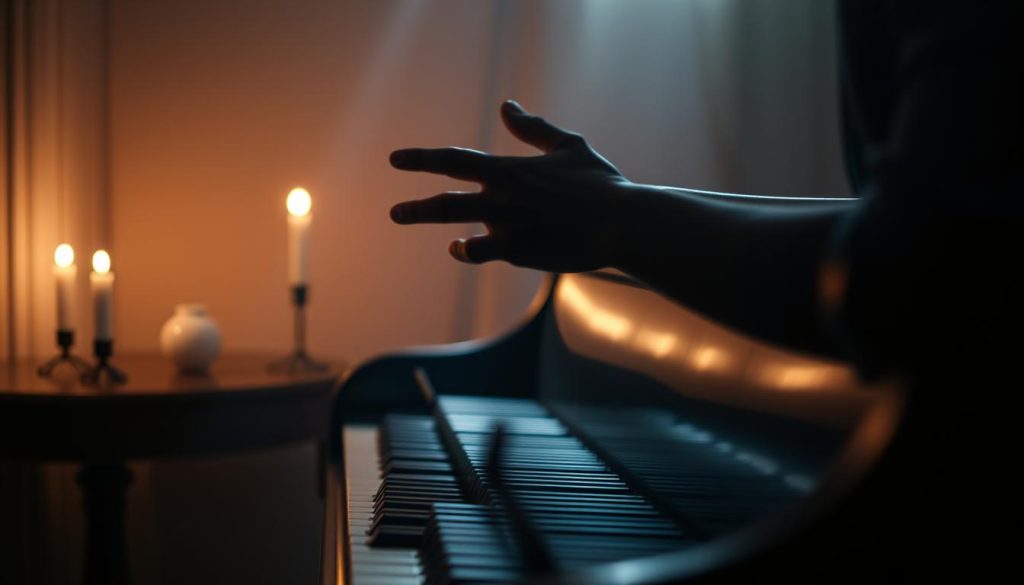 A piano sits in a dimly lit, warm-toned room, its ebony keys catching the soft glow of candlelight. The pianist's hands hover above the keys, poised to interpret the melancholic melodies of Chopin. Shadows dance across the musician's face, conveying the emotional depth and expressive nuance required to bring Chopin's compositions to life. The scene evokes a sense of contemplation and reverence, as if the viewer is invited to witness the intimate performance. Soft, diffused lighting creates an atmospheric, almost ethereal ambiance, complementing the delicate, introspective nature of Chopin's work. The composition is balanced, with the piano taking center stage, surrounded by a subtle, evocative setting that enhances the interpretive experience.