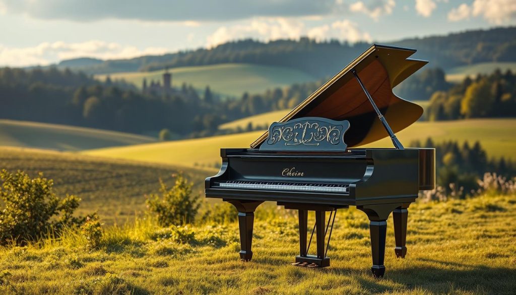 A serene countryside scene in Poland, with a grand piano standing amidst lush greenery and rolling hills. Soft, warm lighting illuminates the instrument, casting a gentle glow on the surrounding landscape. The piano's intricate details and elegant curves reflect the artistry and virtuosity of Chopin's compositions, while the pastoral setting evokes the Polish folk music and nationalism that influenced his work. In the background, a majestic castle or manor house stands as a symbol of Poland's rich cultural heritage. The overall atmosphere is one of tranquility, nostalgia, and the harmonious integration of Chopin's music with the natural beauty of his homeland.