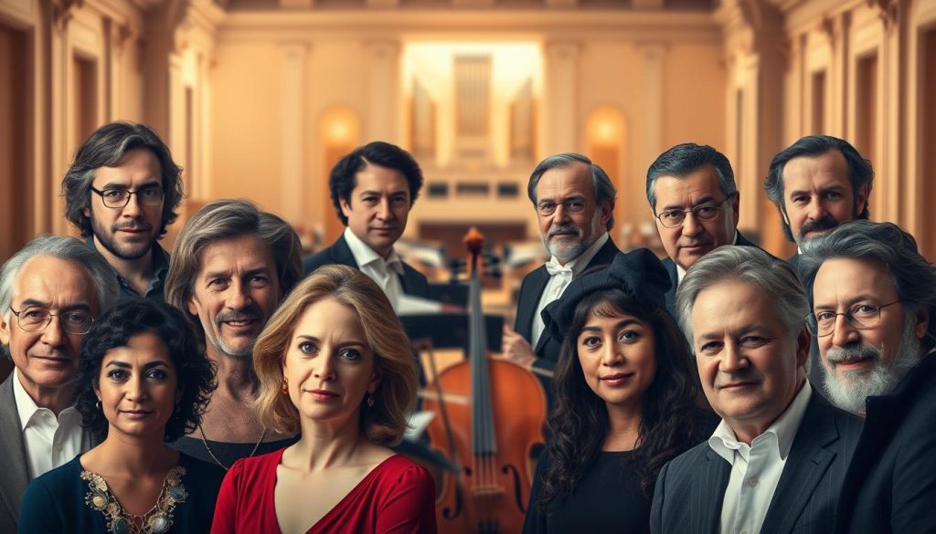 A portrait gallery of renowned contemporary composers, meticulously crafted with a classical yet modern aesthetic. In the foreground, a diverse array of composers stand tall, their faces expressing the depth and passion of their musical creations. The middle ground features a harmonious blend of orchestral instruments, symbolizing the rich tapestry of their compositions. In the background, a softly blurred cityscape or concert hall evokes the global reach and timeless influence of these modern masters. Soft, warm lighting and a neutral color palette lend an air of refinement and sophistication, capturing the essence of these visionary artists who are shaping the contemporary classical music landscape.