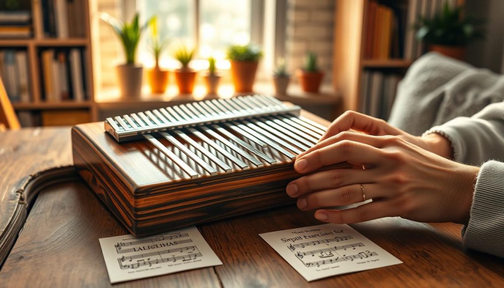 A beautifully arranged kalimba with vibrant wooden tones is placed on a rustic wooden table, accompanied by small sheets of music featuring simple exercises laid out in front of it. In the foreground, hands of a person wearing comfortable yet professional attire gently play the kalimba, showcasing an inviting and serene atmosphere. Soft, warm lighting enhances the texture of the wood and the glistening metal tines, casting light shadows that create depth. In the middle background, a blurred bookshelf filled with music books and decorative plants adds a cozy and inspiring feel, while a window with gentle sunlight streaming in completes the scene. The overall mood is focused yet encouraging, resonating with the theme of learning and progression in kalimba practice.