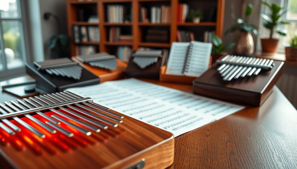 A beautifully arranged collection of kalimbas, showcasing various levels of sheet music spread across an elegant wooden table. In the foreground, a close-up view of a kalimba with vibrant keys reflecting warm ambient light, gently illuminated by soft, natural sunlight coming from a nearby window. In the middle ground, neatly organized sheets of music with notes meticulously printed, indicating different skill levels, creating a gradient from simple to complex melodies. In the background, a blurred bookshelf filled with music theory books and decorative plants, enhancing the atmosphere of a tranquil practice space. Overall, the scene conveys a sense of progression and dedication in learning the kalimba, encouraging viewers to choose the right pieces for quick advancement. The mood is serene and focused, inviting a sense of exploration in musical growth. A beautifully arranged collection of kalimbas, showcasing various levels of sheet music spread across an elegant wooden table. In the foreground, a close-up view of a kalimba with vibrant keys reflecting warm ambient light, gently illuminated by soft, natural sunlight coming from a nearby window. In the middle ground, neatly organized sheets of music with notes meticulously printed, indicating different skill levels, creating a gradient from simple to complex melodies. In the background, a blurred bookshelf filled with music theory books and decorative plants, enhancing the atmosphere of a tranquil practice space. Overall, the scene conveys a sense of progression and dedication in learning the kalimba, encouraging viewers to choose the right pieces for quick advancement. The mood is serene and focused, inviting a sense of exploration in musical growth.