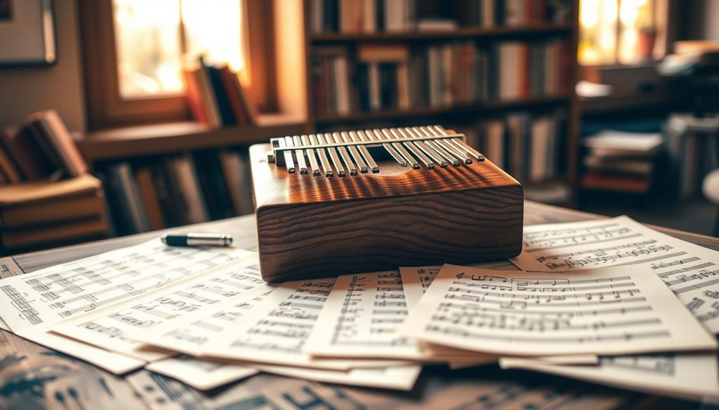 A beautifully arranged flat lay of a kalimba featuring 21 tines, set on a rustic wooden table. In the foreground, a variety of colorful sheet music and tablatures, with intricate notations and symbols, gently fanned out around the kalimba. In the middle, the kalimba is positioned prominently, its polished wood gleaming under warm, soft natural light coming from a nearby window, emphasizing the grain and craftsmanship. In the background, blurred shelves filled with music books, gently suggesting a resource-rich environment for kalimba enthusiasts. The overall atmosphere feels inviting and creative, inspiring a sense of musical exploration and passion. The composition should have a shallow depth of field to emphasize the kalimba and the notes while softly blurring the background.