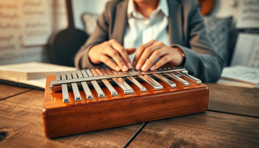 A beautifully arranged kalimba with 17 metal tines, showcasing their distinct notes, rests on a rustic wooden surface. In the foreground, the kalimba is prominently displayed, each tine glistening under soft, warm lighting that creates a cozy atmosphere. The middle section features a person's hands gently pressing down on the tines, expertly demonstrating the method of recognizing the notes. This individual, wearing a smart-casual outfit, is focused and engaged while playing, embodying a sense of musical harmony. The background is softly blurred, hinting at an intimate practice space filled with music sheets and acoustic elements, further enhancing the overall mood of creativity and exploration in learning.