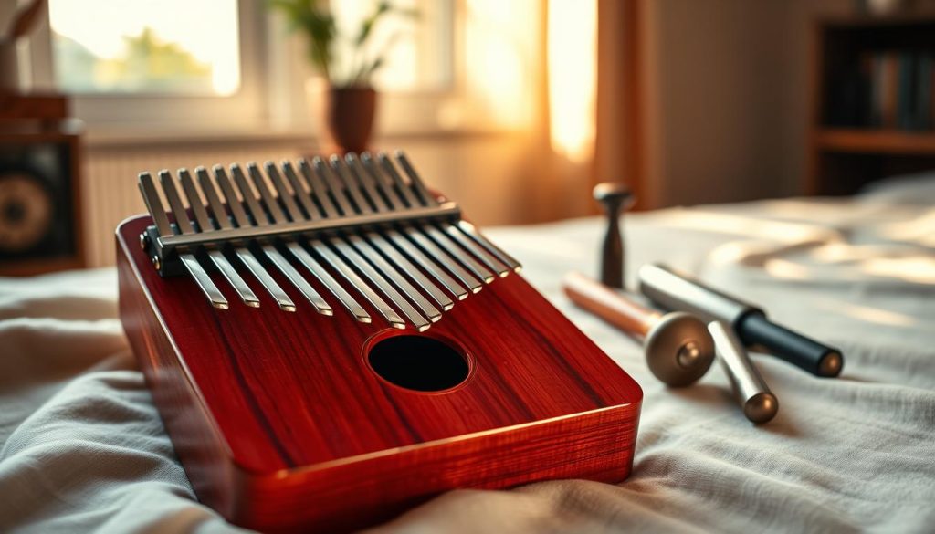 A beautifully arranged kalimba with 21 metal tines, showcasing its unique tuning pegs and vibrant wooden body. The kalimba should be prominently displayed in the foreground on a soft fabric, highlighting its craftsmanship. In the middle ground, place tuning tools such as a tuning hammer and a pitch pipe, arranged neatly to suggest their use for the kalimba's tuning process. The background should feature a serene room environment, softly lit with warm light filtering through a window, casting gentle shadows. The atmosphere should feel calm and inviting, ideal for a music-making space. Focus on the textures of the wood and metal, and use a shallow depth of field to create a soft blur around the edges, emphasizing the kalimba and tools in clear detail. A beautifully arranged kalimba with 21 metal tines, showcasing its unique tuning pegs and vibrant wooden body. The kalimba should be prominently displayed in the foreground on a soft fabric, highlighting its craftsmanship. In the middle ground, place tuning tools such as a tuning hammer and a pitch pipe, arranged neatly to suggest their use for the kalimba's tuning process. The background should feature a serene room environment, softly lit with warm light filtering through a window, casting gentle shadows. The atmosphere should feel calm and inviting, ideal for a music-making space. Focus on the textures of the wood and metal, and use a shallow depth of field to create a soft blur around the edges, emphasizing the kalimba and tools in clear detail.