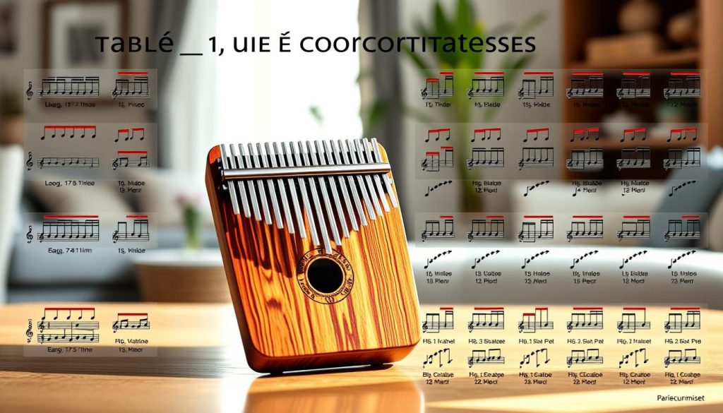 A beautifully arranged "tableau de correspondance" for kalimba notes, showcasing a clean and colorful chart with the layout of 17 blades prominently displayed. The foreground features intricate graphics of kalimba blades, each labeled with their corresponding musical notes in a visually appealing font. In the middle, a vibrant wooden kalimba instrument is gently angled to highlight its craftsmanship, with natural textures and warm tones. The background consists of a softly blurred home setting, casting a serene and inviting atmosphere. Soft, natural lighting filters through a window, creating subtle highlights on the kalimba and the notes chart, adding depth and dimension to the image. Aim for a professional and educational feel, illustrating the beauty and harmony of musicmaking. A beautifully arranged "tableau de correspondance" for kalimba notes, showcasing a clean and colorful chart with the layout of 17 blades prominently displayed. The foreground features intricate graphics of kalimba blades, each labeled with their corresponding musical notes in a visually appealing font. In the middle, a vibrant wooden kalimba instrument is gently angled to highlight its craftsmanship, with natural textures and warm tones. The background consists of a softly blurred home setting, casting a serene and inviting atmosphere. Soft, natural lighting filters through a window, creating subtle highlights on the kalimba and the notes chart, adding depth and dimension to the image. Aim for a professional and educational feel, illustrating the beauty and harmony of musicmaking.