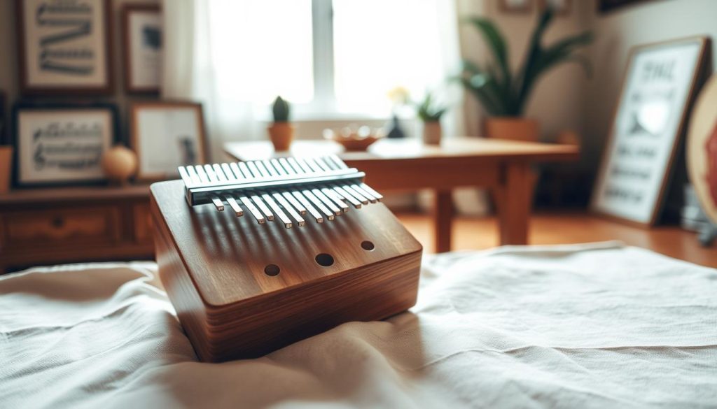 A beautifully crafted kalimba with 21 metal tines sits prominently in the foreground, showcasing its natural wood grain and polished finish. The kalimba is positioned on a soft, textured fabric that complements its earthy tones, while delicate shadows create depth around it. In the middle ground, a blurred wooden table evokes a warm, creative atmosphere, suggesting a cozy music studio or a serene home setting. The background features subtle hints of musical decor, such as framed sheet music and a soothing ambient light filtering through a window, casting a gentle glow. The overall mood is inviting and inspirational, perfect for an article contemplating the investment in quality musical instruments. The image is captured with a soft focus, using warm lighting to enhance the natural beauty of the kalimba. A beautifully crafted kalimba with 21 metal tines sits prominently in the foreground, showcasing its natural wood grain and polished finish. The kalimba is positioned on a soft, textured fabric that complements its earthy tones, while delicate shadows create depth around it. In the middle ground, a blurred wooden table evokes a warm, creative atmosphere, suggesting a cozy music studio or a serene home setting. The background features subtle hints of musical decor, such as framed sheet music and a soothing ambient light filtering through a window, casting a gentle glow. The overall mood is inviting and inspirational, perfect for an article contemplating the investment in quality musical instruments. The image is captured with a soft focus, using warm lighting to enhance the natural beauty of the kalimba.