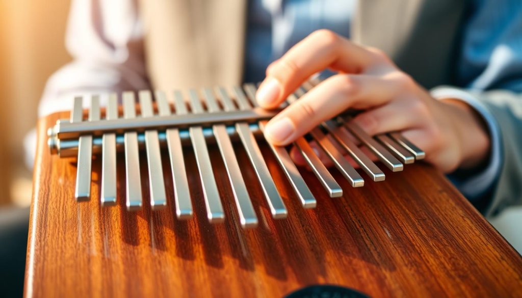 A close-up view of a kalimba, showcasing its 17 steel tines arranged in a symmetrical pattern from the center outward, emphasizing a left-right logical progression. The foreground features the intricate details of the kalimba, revealing the unique textures of each tine and the wooden body. In the middle ground, the hands of a musician dressed in smart casual attire gently playing the instrument, adding a sense of interaction, while the background remains softly blurred to highlight the instrument. Warm, natural lighting casts soft shadows, conveying an inviting and creative atmosphere. The focus should be sharp on the kalimba, creating a sense of depth and engagement.