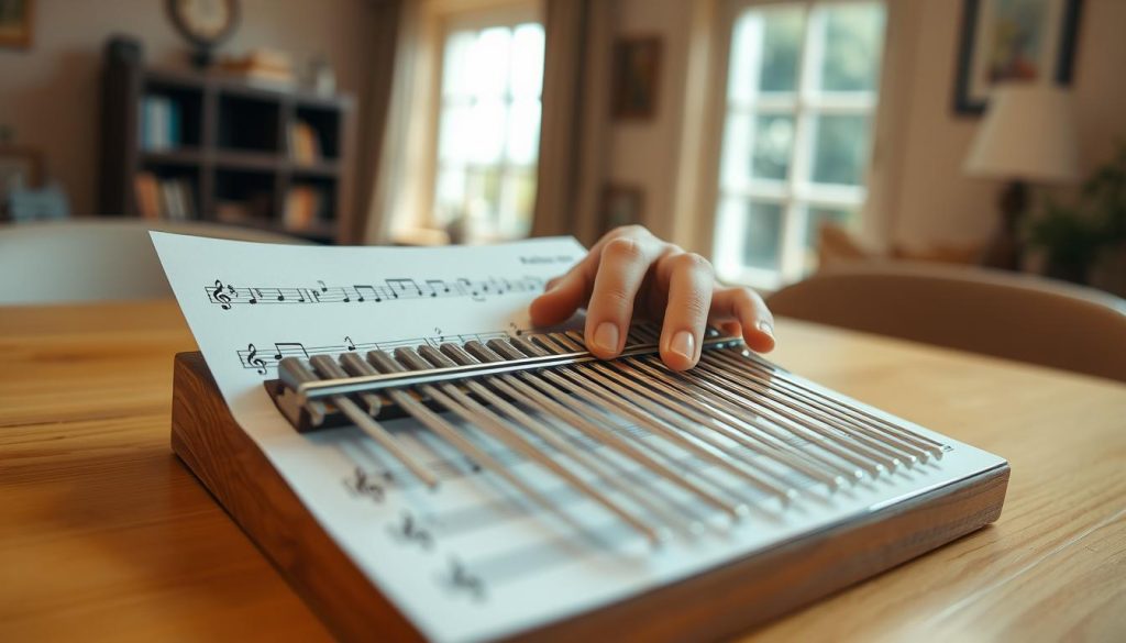 A close-up view of a kalimba tablature sheet, displayed on a wooden table. The tablature showcases clear, colorful notes indicating the 17 keys of the instrument, arranged from bottom to top in a diagonal format to emphasize the reading direction. In the foreground, a pair of hands, wearing modest casual clothing, is seen gently playing the kalimba, with thumbs gracefully coordinating the movement on the keys. The background is softly blurred, featuring a warm, inviting room with natural light streaming in from a window, creating a serene atmosphere. The image should capture the essence of music learning and instrument play, with a focus on the interaction between the player and the tablature, conveying a sense of focus and harmony.