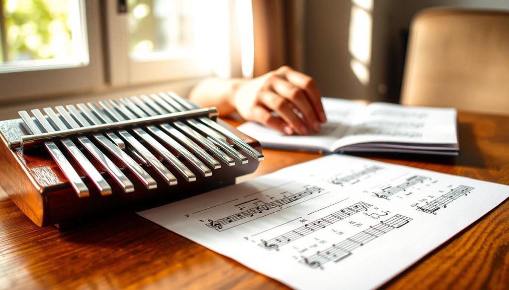 A detailed and vibrant image illustrating a kalimba tablature laid out on a wooden table. In the foreground, there is a beautifully crafted kalimba, with its metal tines glinting softly in the light. The tablature features clear, colorful markings above the corresponding notes, arranged systematically for easy reading. The middle ground includes a close-up of hands playing the kalimba, gently pressing the tines, displaying a relaxed and focused demeanor. In the background, soft natural light filters through a window, adding warmth and creating subtle shadows that enhance the texture of the wood. The atmosphere is calm and inviting, perfect for music learning. The composition is from a slightly elevated angle to capture both the tablature and the kalimba in a harmonious view. A detailed and vibrant image illustrating a kalimba tablature laid out on a wooden table. In the foreground, there is a beautifully crafted kalimba, with its metal tines glinting softly in the light. The tablature features clear, colorful markings above the corresponding notes, arranged systematically for easy reading. The middle ground includes a close-up of hands playing the kalimba, gently pressing the tines, displaying a relaxed and focused demeanor. In the background, soft natural light filters through a window, adding warmth and creating subtle shadows that enhance the texture of the wood. The atmosphere is calm and inviting, perfect for music learning. The composition is from a slightly elevated angle to capture both the tablature and the kalimba in a harmonious view.