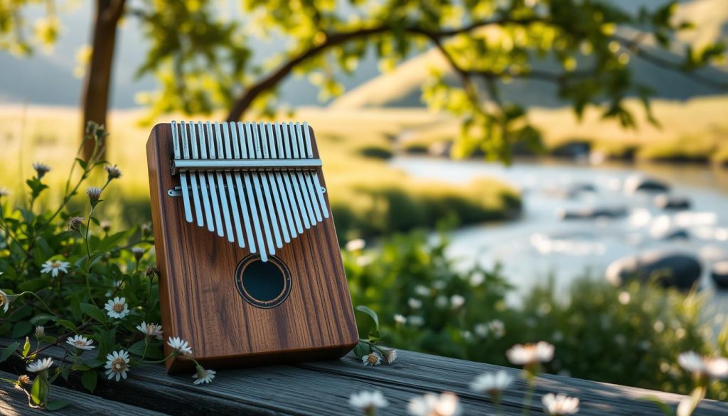 A serene outdoor scene featuring a beautifully crafted kalimba with 21 metal tines, nestled among lush greenery and delicate wildflowers. The kalimba sits on a rustic wooden table with soft sunlight filtering through the trees, casting gentle patterns of light and shadow. In the background, a tranquil river flows softly, surrounded by gentle hills, creating a peaceful atmosphere. The focus is sharp on the kalimba in the foreground, with a bokeh effect on the background elements, evoking a sense of calm and discovery. The image captures the essence of a mini voyage into the world of music and nature, inspiring a journey of exploration and growth with this unique instrument.