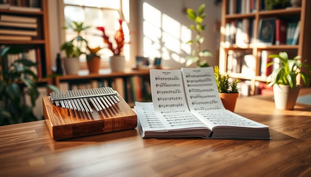 A serene workspace featuring a neatly organized table with an open kalimba and colorful sheet music displaying tablatures for 17 notes. The foreground showcases the kalimba in rich wood tones, capturing the intricate design of the keys. In the middle, the tablature sheets are artistically scattered, revealing various colorful notations and symbols for easy reading. The background is softly blurred, featuring a cozy bookshelf filled with music books and vibrant plants that evoke a welcoming atmosphere. Gentle, natural light streams in from a nearby window, casting soft shadows and creating a warm, inviting feel to the scene. The overall mood is inspiring and encourages creativity, perfect for music enthusiasts seeking free and legal resources. A serene workspace featuring a neatly organized table with an open kalimba and colorful sheet music displaying tablatures for 17 notes. The foreground showcases the kalimba in rich wood tones, capturing the intricate design of the keys. In the middle, the tablature sheets are artistically scattered, revealing various colorful notations and symbols for easy reading. The background is softly blurred, featuring a cozy bookshelf filled with music books and vibrant plants that evoke a welcoming atmosphere. Gentle, natural light streams in from a nearby window, casting soft shadows and creating a warm, inviting feel to the scene. The overall mood is inspiring and encourages creativity, perfect for music enthusiasts seeking free and legal resources.