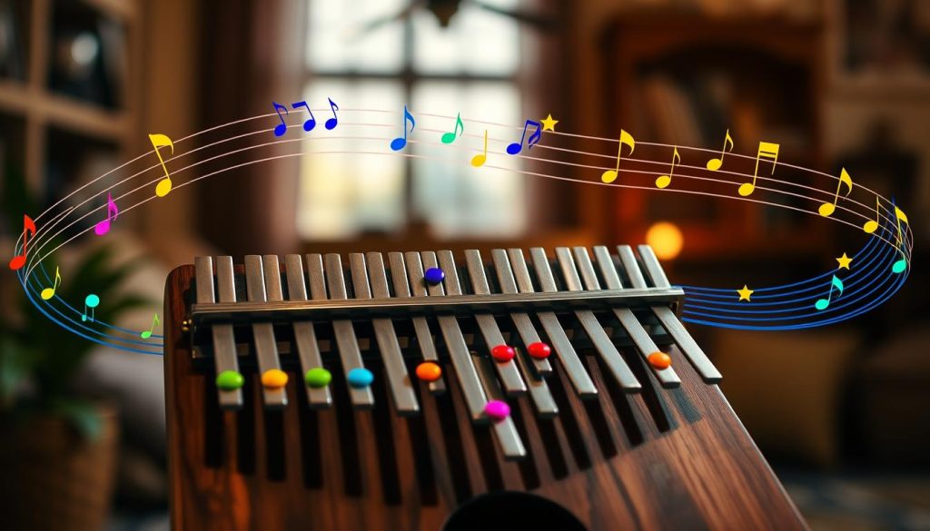 A vibrant scene illustrating the concept of "octaves haut bas" in music, with an array of kalimba notes displayed prominently across 17 metal tines. In the foreground, highlight the kalimba, focusing on the distinct notes represented by colorful symbols: points, apostrophes, and stars. The middle section portrays musical waves that visually represent high and low octaves, flowing around the instrument with a gradient of rich colors that transition smoothly from deep blues to bright yellows. In the background, create a softly blurred setting of a cozy music room, with warm, ambient lighting illuminating the kalimba and casting gentle shadows. The atmosphere should evoke a sense of creativity and harmony, inviting viewers to engage with the visual representation of musical notes without any textual elements.