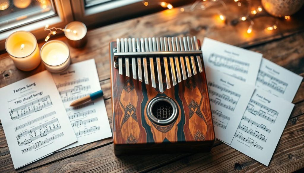 A beautifully arranged flat lay of a kalimba, featuring eight metal keys, situated on a rustic wooden surface. The kalimba is intricately designed with colorful patterns, reflecting light from nearby candles, creating a warm and inviting atmosphere. Around the kalimba, place sheet music for festive songs, elegantly fanned out, with notes clearly visible. In the background, soft bokeh from fairy lights adds a touch of whimsy, enhancing the festive mood. Natural daylight filters through a nearby window, casting gentle shadows and warming the scene. The angle is slightly overhead, capturing the arrangement in a way that emphasizes the joyful essence of musical celebration. The overall ambiance is cheerful and inviting, perfect for a gathering or casual music practice. A beautifully arranged flat lay of a kalimba, featuring eight metal keys, situated on a rustic wooden surface. The kalimba is intricately designed with colorful patterns, reflecting light from nearby candles, creating a warm and inviting atmosphere. Around the kalimba, place sheet music for festive songs, elegantly fanned out, with notes clearly visible. In the background, soft bokeh from fairy lights adds a touch of whimsy, enhancing the festive mood. Natural daylight filters through a nearby window, casting gentle shadows and warming the scene. The angle is slightly overhead, capturing the arrangement in a way that emphasizes the joyful essence of musical celebration. The overall ambiance is cheerful and inviting, perfect for a gathering or casual music practice.