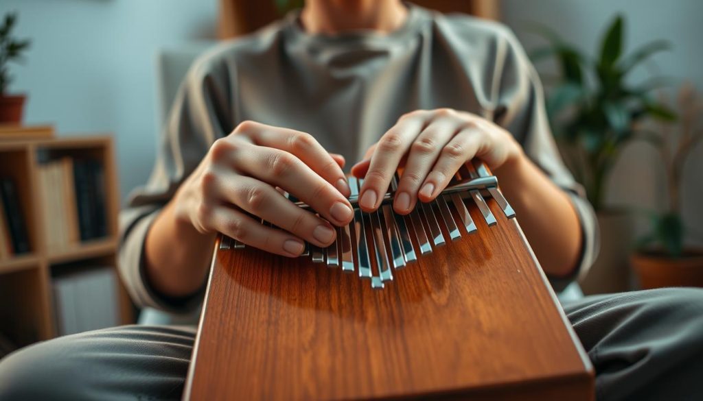 A close-up view of a person playing a kalimba with both hands, focusing on their skillful finger movements. The fingers glide gracefully over the metal tines of the kalimba, creating a serene atmosphere. The person is dressed in modest casual clothing, seated comfortably in a warm, softly lit room to emphasize a cozy and inviting mood. The background features a blurred bookshelf and indoor plants, adding a touch of life without distracting from the central action. The lighting is warm and diffused, casting gentle shadows that enhance the texture of the wood instrument. The angle captures both the kalimba and the player's hands in detail, highlighting the essential gestures and posture for effective playing. A close-up view of a person playing a kalimba with both hands, focusing on their skillful finger movements. The fingers glide gracefully over the metal tines of the kalimba, creating a serene atmosphere. The person is dressed in modest casual clothing, seated comfortably in a warm, softly lit room to emphasize a cozy and inviting mood. The background features a blurred bookshelf and indoor plants, adding a touch of life without distracting from the central action. The lighting is warm and diffused, casting gentle shadows that enhance the texture of the wood instrument. The angle captures both the kalimba and the player's hands in detail, highlighting the essential gestures and posture for effective playing.