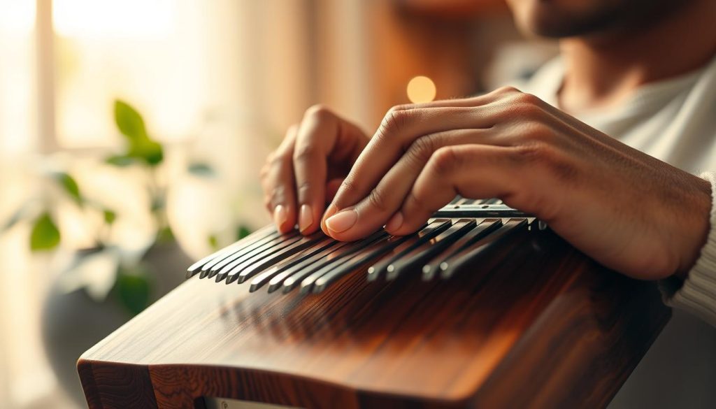 A close-up view of a skilled musician playing a kalimba, positioned in a tranquil, softly lit room. The foreground features the musician's hands gracefully plucking the metal tines of the kalimba with precision, showcasing various finger techniques. The middle layer reveals the kalimba itself, beautifully crafted from wood, with intricate grain patterns and bright tines. In the background, a peaceful ambiance is created with blurred decorations, such as houseplants and gentle lighting, that enhances focus on the musician's actions. The overall mood is serene and focused, conveying the essence of mastering fundamental techniques for playing melodies and rhythm on the kalimba. The image should have warm lighting, evoking a sense of inviting tranquility, captured with a shallow depth of field to emphasize the hands and instrument. A close-up view of a skilled musician playing a kalimba, positioned in a tranquil, softly lit room. The foreground features the musician's hands gracefully plucking the metal tines of the kalimba with precision, showcasing various finger techniques. The middle layer reveals the kalimba itself, beautifully crafted from wood, with intricate grain patterns and bright tines. In the background, a peaceful ambiance is created with blurred decorations, such as houseplants and gentle lighting, that enhances focus on the musician's actions. The overall mood is serene and focused, conveying the essence of mastering fundamental techniques for playing melodies and rhythm on the kalimba. The image should have warm lighting, evoking a sense of inviting tranquility, captured with a shallow depth of field to emphasize the hands and instrument.