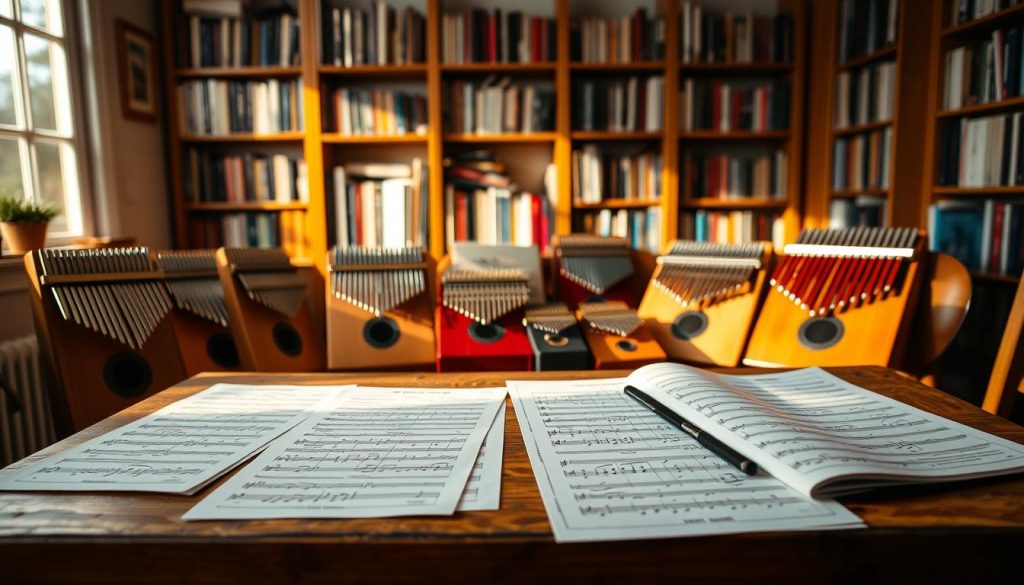 A cozy, well-lit study space in the foreground, featuring an open wooden table covered with colorful kalimba tablatures and sheet music. The middle ground displays a variety of kalimbas of different sizes, showcasing their unique designs and vibrant colors. In the background, softly blurred bookshelves filled with music books and resources create an inviting atmosphere. Gentle sunlight streams through a nearby window, casting warm, golden hues across the scene. The overall mood is inspiring and educational, suggesting a space where musicians of all levels can gather information to improve their skills. Focus on a shallow depth of field to highlight the tablatures while softly blurring the background. A cozy, well-lit study space in the foreground, featuring an open wooden table covered with colorful kalimba tablatures and sheet music. The middle ground displays a variety of kalimbas of different sizes, showcasing their unique designs and vibrant colors. In the background, softly blurred bookshelves filled with music books and resources create an inviting atmosphere. Gentle sunlight streams through a nearby window, casting warm, golden hues across the scene. The overall mood is inspiring and educational, suggesting a space where musicians of all levels can gather information to improve their skills. Focus on a shallow depth of field to highlight the tablatures while softly blurring the background.