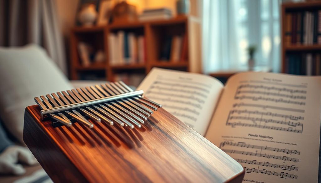 A detailed close-up of a beautifully crafted kalimba placed atop an open music stand, displaying colorful tablatures and sheet music for popular songs. In the foreground, the kalimba shines under soft, warm lighting, highlighting its wooden texture and delicate metal tines. The middle ground features neatly arranged sheet music with vibrant illustrations of notes and musical symbols, inviting viewers to learn. The background includes a cozy, inviting room atmosphere, with soft fabric drapes and a bookshelf filled with music-related books, creating a peaceful learning environment. The overall mood is inspiring and friendly, perfect for beginners looking to quickly learn how to play. The composition is shot with a shallow depth of field, emphasizing the kalimba and music in sharp focus against a softly blurred background. A detailed close-up of a beautifully crafted kalimba placed atop an open music stand, displaying colorful tablatures and sheet music for popular songs. In the foreground, the kalimba shines under soft, warm lighting, highlighting its wooden texture and delicate metal tines. The middle ground features neatly arranged sheet music with vibrant illustrations of notes and musical symbols, inviting viewers to learn. The background includes a cozy, inviting room atmosphere, with soft fabric drapes and a bookshelf filled with music-related books, creating a peaceful learning environment. The overall mood is inspiring and friendly, perfect for beginners looking to quickly learn how to play. The composition is shot with a shallow depth of field, emphasizing the kalimba and music in sharp focus against a softly blurred background.