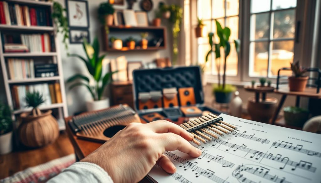 A detailed kalimba tablature sheet displayed prominently in the foreground, featuring colorful notes and finger positions. A pair of hands, elegantly positioned, gently playing the kalimba, demonstrating practical application of the tablature. In the middle ground, an open kalimba case filled with various kalimbas, showcasing the instrument's diversity. The background features a softly lit cozy room adorned with musical decor—shelves with music books, potted plants, and a window letting in warm, golden sunlight. The overall atmosphere conveys a sense of warmth, focus, and creativity, inviting viewers to engage with the beauty of learning music through tablature. The image should be captured with a shallow depth of field to emphasize the tablature and hands, ensuring a soft blur in the background. A detailed kalimba tablature sheet displayed prominently in the foreground, featuring colorful notes and finger positions. A pair of hands, elegantly positioned, gently playing the kalimba, demonstrating practical application of the tablature. In the middle ground, an open kalimba case filled with various kalimbas, showcasing the instrument's diversity. The background features a softly lit cozy room adorned with musical decor—shelves with music books, potted plants, and a window letting in warm, golden sunlight. The overall atmosphere conveys a sense of warmth, focus, and creativity, inviting viewers to engage with the beauty of learning music through tablature. The image should be captured with a shallow depth of field to emphasize the tablature and hands, ensuring a soft blur in the background.
