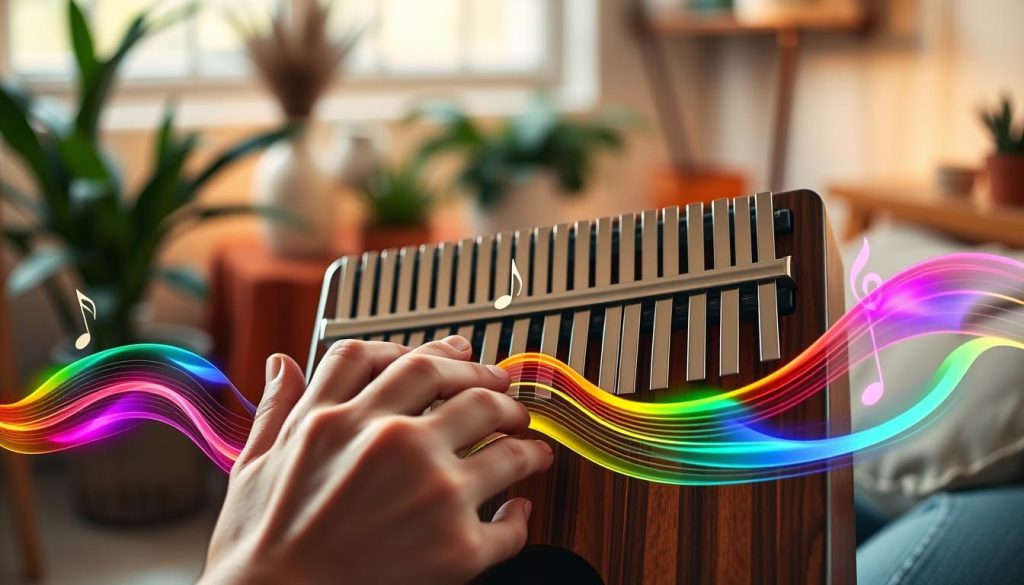 A serene, ambient scene illustrating the sound effects of a kalimba. In the foreground, a close-up of hands delicately playing a kalimba, with intricate finger placements showcasing advanced techniques. The middle ground features vibrant musical waves emanating from the instrument, visualized as colorful sound patterns gently intertwining. In the background, a softly lit room filled with natural elements, like plants and warm wooden textures, creating a calming atmosphere. The lighting is soft and warm, enhancing the tranquil mood, with a shallow depth of field to emphasize the instrument and hands. Capture a moment of musical expression, inviting viewers to explore the essence of kalimba sound techniques. A serene, ambient scene illustrating the sound effects of a kalimba. In the foreground, a close-up of hands delicately playing a kalimba, with intricate finger placements showcasing advanced techniques. The middle ground features vibrant musical waves emanating from the instrument, visualized as colorful sound patterns gently intertwining. In the background, a softly lit room filled with natural elements, like plants and warm wooden textures, creating a calming atmosphere. The lighting is soft and warm, enhancing the tranquil mood, with a shallow depth of field to emphasize the instrument and hands. Capture a moment of musical expression, inviting viewers to explore the essence of kalimba sound techniques.