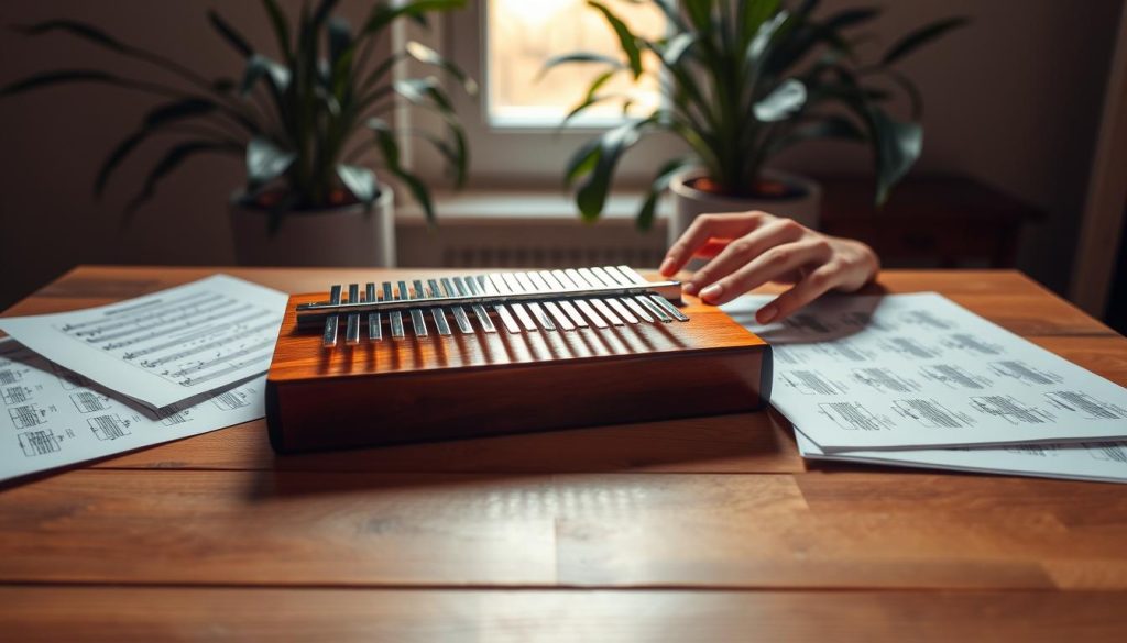 A serene and inviting scene featuring a beautifully crafted kalimba set against a softly lit wooden tabletop. In the foreground, the kalimba is prominently displayed with its polished wooden surface reflecting the warm light, showcasing the intricacy of its tines. Surrounding the instrument are sheets of music and a pair of slender hands playing it, dressed in modest casual clothing, capturing the essence of learning. In the middle ground, a gentle glow emanates from a nearby window, casting soft shadows and adding depth. In the background, plants subtly frame the scene, evoking a peaceful, creative atmosphere conducive to practicing music. The overall mood is calm and inspiring, inviting viewers to delve into the world of kalimba learning over four weeks. A serene and inviting scene featuring a beautifully crafted kalimba set against a softly lit wooden tabletop. In the foreground, the kalimba is prominently displayed with its polished wooden surface reflecting the warm light, showcasing the intricacy of its tines. Surrounding the instrument are sheets of music and a pair of slender hands playing it, dressed in modest casual clothing, capturing the essence of learning. In the middle ground, a gentle glow emanates from a nearby window, casting soft shadows and adding depth. In the background, plants subtly frame the scene, evoking a peaceful, creative atmosphere conducive to practicing music. The overall mood is calm and inspiring, inviting viewers to delve into the world of kalimba learning over four weeks.