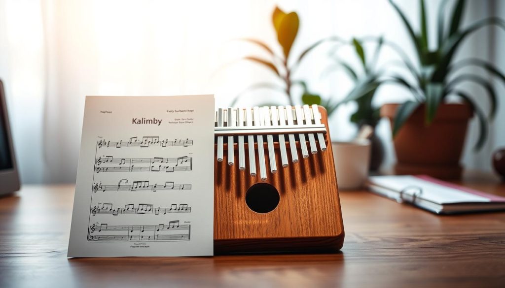 A serene, clutter-free music workspace showcasing a simplified kalimba sheet music partition, prominently displayed in the foreground on a wooden tabletop. The sheet music is clear and visually engaging, featuring colorful notes and simplified symbols designed for beginners. In the middle, a well-crafted kalimba gleams under soft, warm lighting, inviting focus. Background elements include plants that add a touch of nature and tranquility, subtly blurred to keep the emphasis on the music and instrument. The atmosphere is calm and encouraging, evoking a sense of growth in music learning. Shot with a shallow depth of field at eye level, the image captures the essence of understanding simple music partitions without overwhelming complexity. A serene, clutter-free music workspace showcasing a simplified kalimba sheet music partition, prominently displayed in the foreground on a wooden tabletop. The sheet music is clear and visually engaging, featuring colorful notes and simplified symbols designed for beginners. In the middle, a well-crafted kalimba gleams under soft, warm lighting, inviting focus. Background elements include plants that add a touch of nature and tranquility, subtly blurred to keep the emphasis on the music and instrument. The atmosphere is calm and encouraging, evoking a sense of growth in music learning. Shot with a shallow depth of field at eye level, the image captures the essence of understanding simple music partitions without overwhelming complexity.