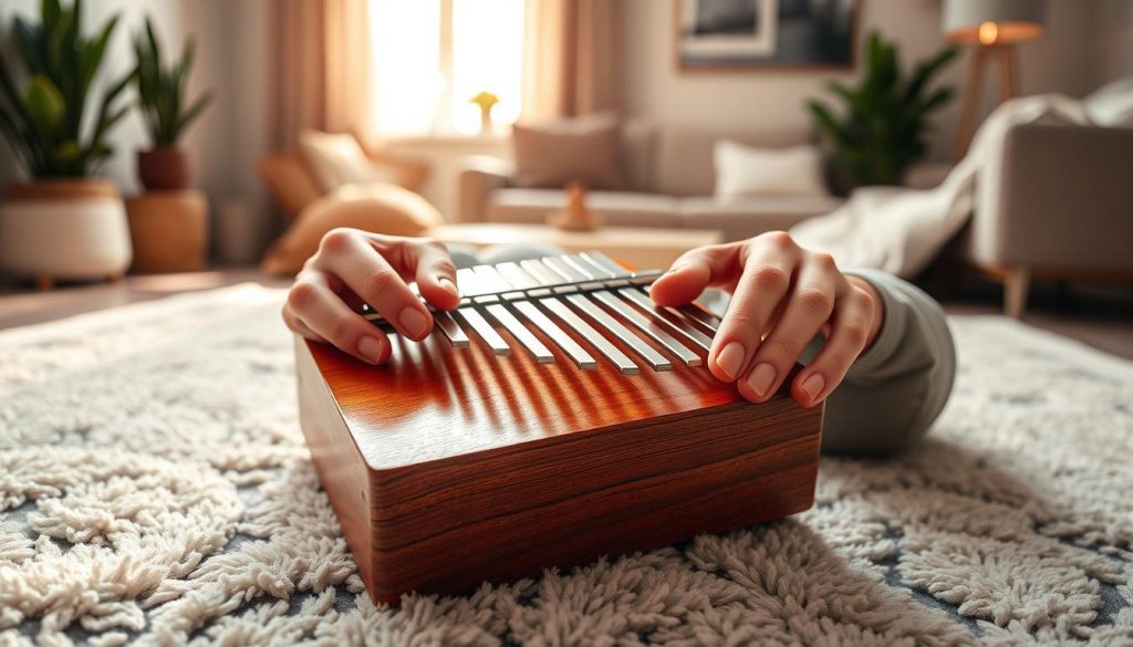 A serene indoor scene depicting a polished wooden kalimba resting on a cozy, softly textured rug. In the foreground, a pair of well-groomed hands in modest casual clothing gently hold the kalimba, showcasing proper hand positioning for comfortable playing. The middle ground features a modern living room setting with warm, inviting lighting that emphasizes the instrument's natural wood tones. Subtle decorative elements like plants and soft cushions create an atmosphere of tranquility and focus. In the background, a window allows soft daylight to filter in, highlighting the peaceful ambiance. The overall mood is inspiring and instructional, conveying the joy of playing while maintaining a sense of comfort and relaxation. A serene indoor scene depicting a polished wooden kalimba resting on a cozy, softly textured rug. In the foreground, a pair of well-groomed hands in modest casual clothing gently hold the kalimba, showcasing proper hand positioning for comfortable playing. The middle ground features a modern living room setting with warm, inviting lighting that emphasizes the instrument's natural wood tones. Subtle decorative elements like plants and soft cushions create an atmosphere of tranquility and focus. In the background, a window allows soft daylight to filter in, highlighting the peaceful ambiance. The overall mood is inspiring and instructional, conveying the joy of playing while maintaining a sense of comfort and relaxation.
