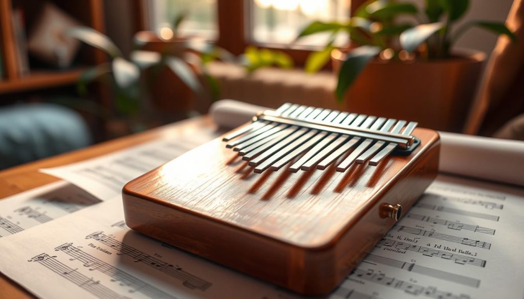 A serene indoor scene featuring a close-up of a beautifully crafted kalimba made of polished wood, elegantly resting on a sheet of music with simple melodies noted, creating a calming atmosphere. The foreground showcases the intricate tines of the kalimba glimmering in soft, warm lighting, while the middle ground holds the sheet music partially rolled out, hinting at playful children's melodies. In the background, a cozy ambient setting with soft-focus elements like a window with gentle sunlight filtering through, and plants softly blending into the scene, adds a touch of tranquility. The mood is inviting and warm, evoking a sense of learning and creativity. A serene indoor scene featuring a close-up of a beautifully crafted kalimba made of polished wood, elegantly resting on a sheet of music with simple melodies noted, creating a calming atmosphere. The foreground showcases the intricate tines of the kalimba glimmering in soft, warm lighting, while the middle ground holds the sheet music partially rolled out, hinting at playful children's melodies. In the background, a cozy ambient setting with soft-focus elements like a window with gentle sunlight filtering through, and plants softly blending into the scene, adds a touch of tranquility. The mood is inviting and warm, evoking a sense of learning and creativity.