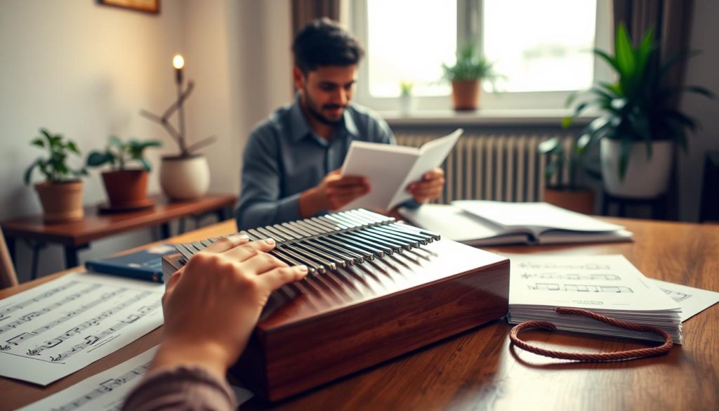 A serene indoor scene featuring a neatly arranged kalimba on a wooden table, with sheet music scattered around, indicating an engaging practice session. In the foreground, a pair of skilled hands delicately plucking the strings of the kalimba, showcasing intricate finger movements. The middle ground captures a focused individual dressed in a casual yet professional outfit, deep in concentration, with a gentle smile reflecting the joy of music. The background features soft, warm lighting emanating from a nearby window, illuminating a few potted plants, creating a tranquil and inspiring atmosphere. The overall mood evokes dedication and passion for learning, perfectly aligning with a training routine for rapid improvement. A serene indoor scene featuring a neatly arranged kalimba on a wooden table, with sheet music scattered around, indicating an engaging practice session. In the foreground, a pair of skilled hands delicately plucking the strings of the kalimba, showcasing intricate finger movements. The middle ground captures a focused individual dressed in a casual yet professional outfit, deep in concentration, with a gentle smile reflecting the joy of music. The background features soft, warm lighting emanating from a nearby window, illuminating a few potted plants, creating a tranquil and inspiring atmosphere. The overall mood evokes dedication and passion for learning, perfectly aligning with a training routine for rapid improvement.