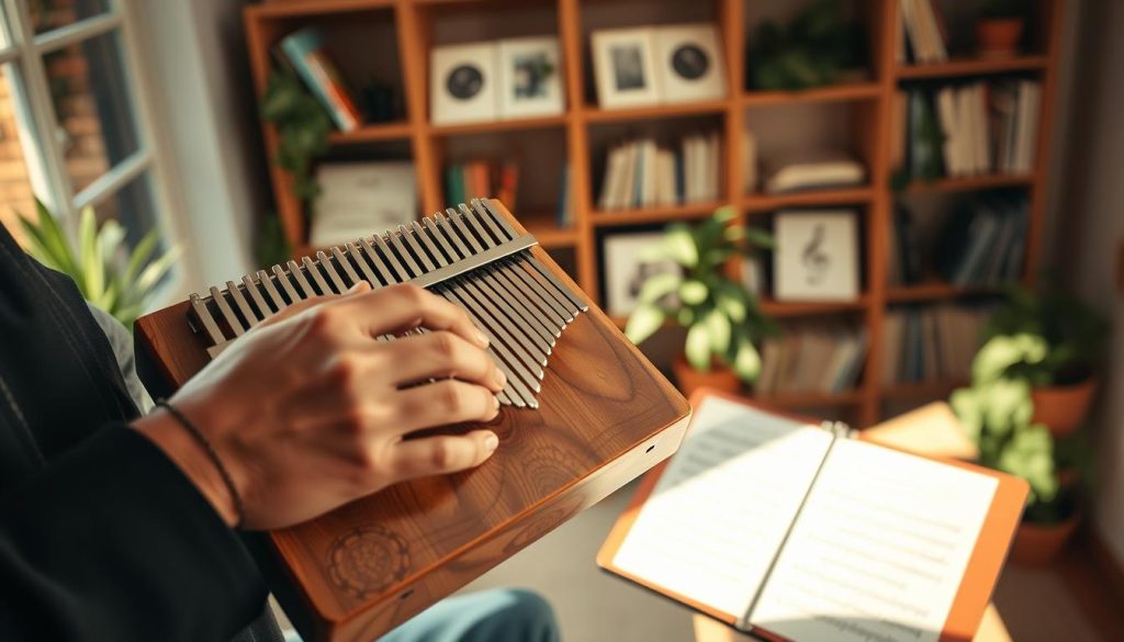 A serene indoor setting featuring a person playing a kalimba with a focus on their hands expertly maneuvering the instrument. The foreground showcases the kalimba, intricately carved with beautiful patterns, catching soft, warm light from a nearby window. The middle ground includes a music stand with sheet music neatly arranged, emphasizing a learning atmosphere. In the background, there are shelves with musical books and plants, creating a calming, inviting ambiance. The lighting is soft and natural, giving a sense of tranquility and concentration. The mood reflects dedication and love for music, highlighting effective techniques for producing beautiful sounds with the kalimba. The angle is slightly overhead, allowing a clear view of the instrument and the player's technique while maintaining an intimate feel. A serene indoor setting featuring a person playing a kalimba with a focus on their hands expertly maneuvering the instrument. The foreground showcases the kalimba, intricately carved with beautiful patterns, catching soft, warm light from a nearby window. The middle ground includes a music stand with sheet music neatly arranged, emphasizing a learning atmosphere. In the background, there are shelves with musical books and plants, creating a calming, inviting ambiance. The lighting is soft and natural, giving a sense of tranquility and concentration. The mood reflects dedication and love for music, highlighting effective techniques for producing beautiful sounds with the kalimba. The angle is slightly overhead, allowing a clear view of the instrument and the player's technique while maintaining an intimate feel.