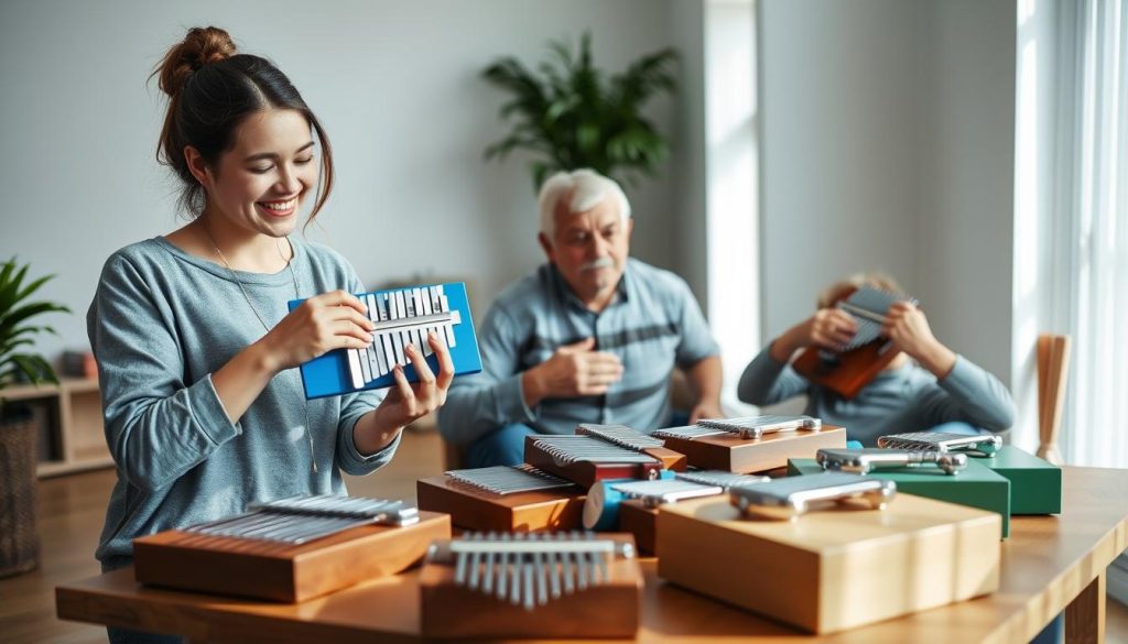 A serene indoor setting featuring a small group of beginner kalimba players. In the foreground, a young woman in casual attire is attentively examining a colorful kalimba with a joyful expression, while a middle-aged man sits beside her, showcasing his own instrument. The middle ground includes a wooden table strewn with various kalimbas of different sizes and colors, highlighting the diversity of options for new players. In the background, soft natural light filters through a large window, casting gentle shadows that create a warm and inviting atmosphere. The composition captures a sense of exploration and community, emphasizing the joy of discovering music together. A serene indoor setting featuring a small group of beginner kalimba players. In the foreground, a young woman in casual attire is attentively examining a colorful kalimba with a joyful expression, while a middle-aged man sits beside her, showcasing his own instrument. The middle ground includes a wooden table strewn with various kalimbas of different sizes and colors, highlighting the diversity of options for new players. In the background, soft natural light filters through a large window, casting gentle shadows that create a warm and inviting atmosphere. The composition captures a sense of exploration and community, emphasizing the joy of discovering music together.
