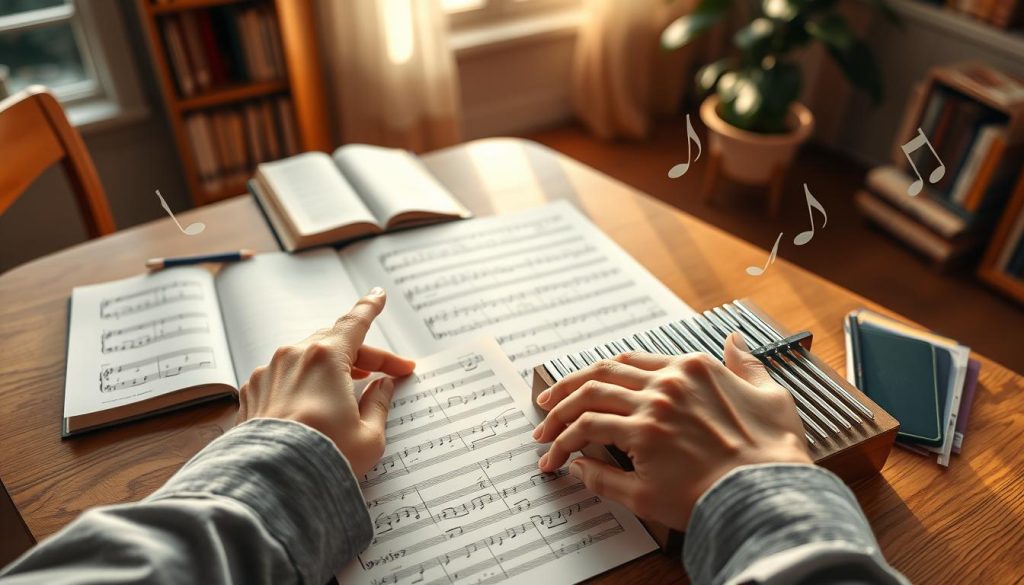 A serene study setting featuring a wooden table with a beautifully illustrated kalimba tablature spread open alongside a neatly arranged sheet music. In the foreground, a pair of hands, clad in casual yet professional attire, gracefully points to a specific note on the tablature. The middle ground showcases the detailed tablature sheet, with clear lines and annotations, while softly faded music notes float around, symbolizing the act of learning. The background is a cozy, well-lit room filled with warm, natural light filtering through a window, casting gentle shadows, with books and a soft plant adding depth. The atmosphere is calm and focused, capturing the essence of a musical learning experience. A serene study setting featuring a wooden table with a beautifully illustrated kalimba tablature spread open alongside a neatly arranged sheet music. In the foreground, a pair of hands, clad in casual yet professional attire, gracefully points to a specific note on the tablature. The middle ground showcases the detailed tablature sheet, with clear lines and annotations, while softly faded music notes float around, symbolizing the act of learning. The background is a cozy, well-lit room filled with warm, natural light filtering through a window, casting gentle shadows, with books and a soft plant adding depth. The atmosphere is calm and focused, capturing the essence of a musical learning experience.