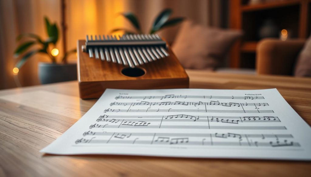 A visually striking image of a kalimba tablature sheet placed prominently in the foreground, printed on crisp white paper with clear, organized notes and symbols. The middle ground features a beautifully crafted kalimba with its natural wood finish reflecting soft, warm lighting, set on a gently textured wooden table. In the background, a cozy room is illuminated by the hazy glow of warm ambient lighting, enhancing the inviting atmosphere. A blurred potted plant adds a touch of life to the scene. The angle is slightly elevated, capturing both the tablature and kalimba in detail, while maintaining a serene and focused mood, suggesting a peaceful learning environment perfect for aspiring kalimba players. A visually striking image of a kalimba tablature sheet placed prominently in the foreground, printed on crisp white paper with clear, organized notes and symbols. The middle ground features a beautifully crafted kalimba with its natural wood finish reflecting soft, warm lighting, set on a gently textured wooden table. In the background, a cozy room is illuminated by the hazy glow of warm ambient lighting, enhancing the inviting atmosphere. A blurred potted plant adds a touch of life to the scene. The angle is slightly elevated, capturing both the tablature and kalimba in detail, while maintaining a serene and focused mood, suggesting a peaceful learning environment perfect for aspiring kalimba players.