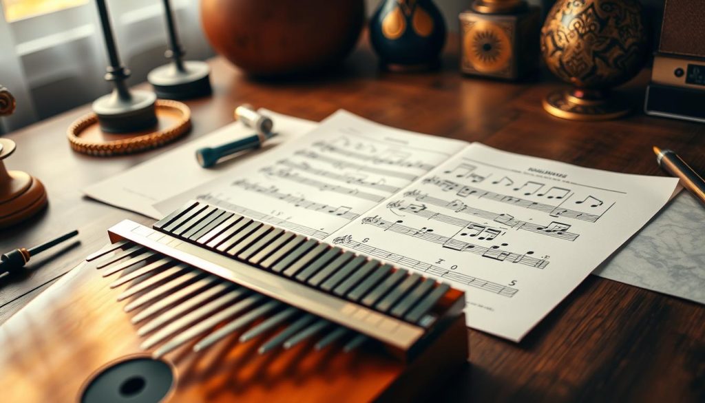 A beautifully arranged desk displaying a kalimba sheet music layout, featuring vivid notes in a clear numbering system (chiffres) and various symbols on elegant parchment. The foreground showcases a well-crafted kalimba, its wooden finish gleaming under soft, warm light. In the middle, focus on a gently illuminated set of colorful music notes and clear numeric representations, artistically laid out in an engaging format. The background includes subtle hints of a serene music room with blurred instruments and musical decorations, contributing to a calm, creative atmosphere. The scene is shot from a slightly elevated angle, highlighting both the kalimba and the sheet music. The overall mood is inviting and artistic, designed to inspire readers to learn about reading music for the kalimba. A beautifully arranged desk displaying a kalimba sheet music layout, featuring vivid notes in a clear numbering system (chiffres) and various symbols on elegant parchment. The foreground showcases a well-crafted kalimba, its wooden finish gleaming under soft, warm light. In the middle, focus on a gently illuminated set of colorful music notes and clear numeric representations, artistically laid out in an engaging format. The background includes subtle hints of a serene music room with blurred instruments and musical decorations, contributing to a calm, creative atmosphere. The scene is shot from a slightly elevated angle, highlighting both the kalimba and the sheet music. The overall mood is inviting and artistic, designed to inspire readers to learn about reading music for the kalimba.