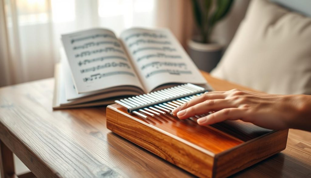 A beautifully arranged kalimba placed on a wooden table, showcasing its shiny wooden body and metal tines. The foreground features a pair of hands delicately playing the instrument, fingers positioned carefully over the tines weaved through colorful tabs and number notes. In the middle ground, an open music sheet with kalimba notation is displayed, blending harmonically with the scene. The background is softly blurred, featuring a cozy room ambiance with warm lighting, perhaps from nearby window light filtering through sheer curtains. The overall atmosphere conveys a sense of calm and focus, ideal for learning and understanding the nuances of playing the kalimba. The image should have a soft focus, capturing the beauty and simplicity of the instrument in a harmonious setting. A beautifully arranged kalimba placed on a wooden table, showcasing its shiny wooden body and metal tines. The foreground features a pair of hands delicately playing the instrument, fingers positioned carefully over the tines weaved through colorful tabs and number notes. In the middle ground, an open music sheet with kalimba notation is displayed, blending harmonically with the scene. The background is softly blurred, featuring a cozy room ambiance with warm lighting, perhaps from nearby window light filtering through sheer curtains. The overall atmosphere conveys a sense of calm and focus, ideal for learning and understanding the nuances of playing the kalimba. The image should have a soft focus, capturing the beauty and simplicity of the instrument in a harmonious setting.