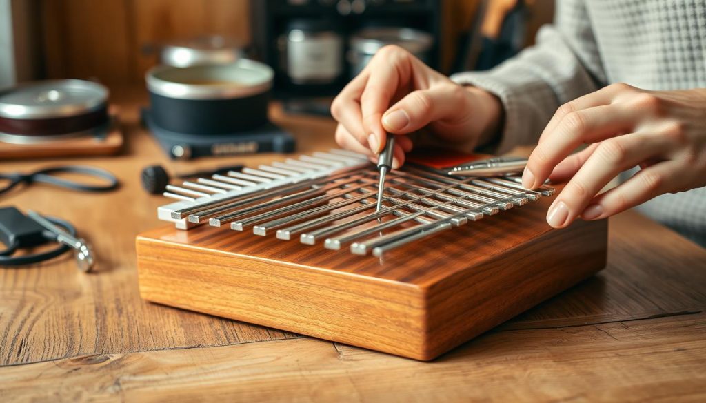 A beautifully arranged kalimba set on a rustic wooden table, showcasing a close-up of its steel tines, some slightly bent to illustrate the issue of buzzing. The tines glisten under soft, natural lighting, emphasizing their metallic texture against the warm wood background. In the foreground, a pair of hands, dressed in modest casual clothing, gently adjust one of the tines with a small tuning tool, indicating the process of correction. The background is softly blurred, featuring hints of musical accessories and a warm, inviting atmosphere that evokes a sense of calm and focus. The overall mood is serene and educational, perfectly capturing the essence of tuning a kalimba. A beautifully arranged kalimba set on a rustic wooden table, showcasing a close-up of its steel tines, some slightly bent to illustrate the issue of buzzing. The tines glisten under soft, natural lighting, emphasizing their metallic texture against the warm wood background. In the foreground, a pair of hands, dressed in modest casual clothing, gently adjust one of the tines with a small tuning tool, indicating the process of correction. The background is softly blurred, featuring hints of musical accessories and a warm, inviting atmosphere that evokes a sense of calm and focus. The overall mood is serene and educational, perfectly capturing the essence of tuning a kalimba.