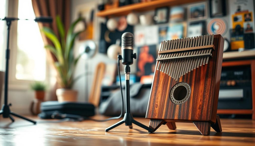A beautifully arranged set of kalimba supports in a cozy, well-lit music studio. In the foreground, prominently feature two elegant wooden kalimba stands, showcasing their craftsmanship and design. In the middle ground, include a high-quality microphone positioned next to the kalimba, enhancing the musical ambiance with soft, warm lighting that reflects off the wood. In the background, a neatly organized array of kalimba accessories—such as a soft travel case and decorative stickers—adds color and personality to the scene. The overall atmosphere is inviting and creative, suggesting a comforting environment for musicians to elevate their playing experience. The composition uses a shallow depth of field to draw attention to the supports while creating a bokeh effect in the background. A beautifully arranged set of kalimba supports in a cozy, well-lit music studio. In the foreground, prominently feature two elegant wooden kalimba stands, showcasing their craftsmanship and design. In the middle ground, include a high-quality microphone positioned next to the kalimba, enhancing the musical ambiance with soft, warm lighting that reflects off the wood. In the background, a neatly organized array of kalimba accessories—such as a soft travel case and decorative stickers—adds color and personality to the scene. The overall atmosphere is inviting and creative, suggesting a comforting environment for musicians to elevate their playing experience. The composition uses a shallow depth of field to draw attention to the supports while creating a bokeh effect in the background.