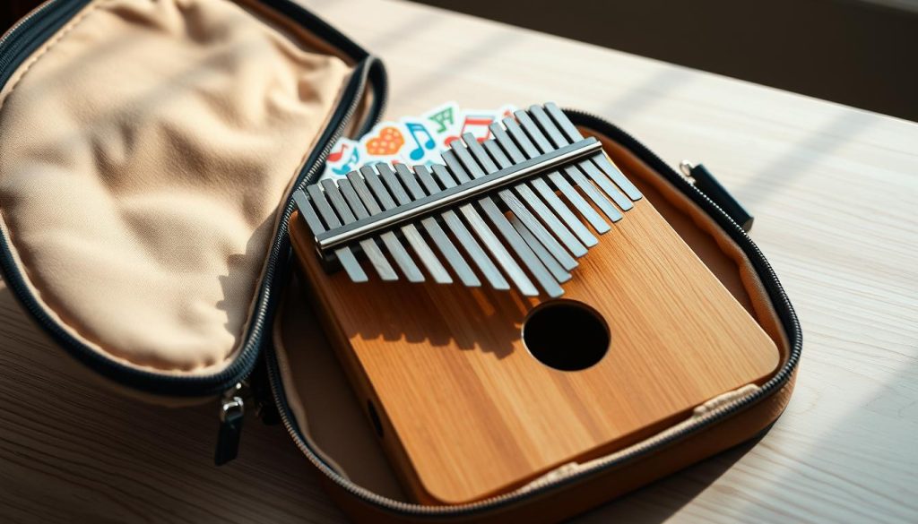 A beautifully crafted kalimba case, elegantly designed to showcase both functionality and aesthetics. The foreground features a soft, protective cover in rich, textured fabric, highlighting intricate stitching and a stylish zipper. In the middle, gently opened, reveals a wooden kalimba with polished keys, resting comfortably inside the case. Surrounding it are vibrant stickers of musical notes and whimsical designs, emphasizing the playful customization options for kalimba players. The background presents a serene environment, perhaps a light wood table with soft, natural lighting that casts gentle shadows. The overall mood is inviting and warm, ideal for musicians seeking to protect and personalize their instruments, blending together the themes of protection and creativity. A beautifully crafted kalimba case, elegantly designed to showcase both functionality and aesthetics. The foreground features a soft, protective cover in rich, textured fabric, highlighting intricate stitching and a stylish zipper. In the middle, gently opened, reveals a wooden kalimba with polished keys, resting comfortably inside the case. Surrounding it are vibrant stickers of musical notes and whimsical designs, emphasizing the playful customization options for kalimba players. The background presents a serene environment, perhaps a light wood table with soft, natural lighting that casts gentle shadows. The overall mood is inviting and warm, ideal for musicians seeking to protect and personalize their instruments, blending together the themes of protection and creativity.