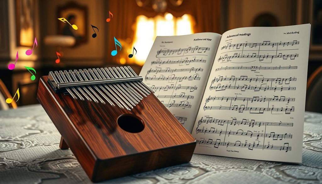 A beautifully designed music sheet displaying complex rhythmic patterns for kalimba, prominently featuring various measure notations such as time signatures and bar lines. In the foreground, a wooden kalimba rests gently on a textured table, surrounded by colorful music notes and symbols that float around it, creating a sense of dynamic movement. The middle ground showcases detailed sections of the music sheet with visible annotations, illustrating advanced readings of rhythm and tempo. The background is softly blurred, hinting at an elegant music room with warm, golden light streaming in through a window, casting gentle shadows that evoke a calm and focused atmosphere. The image should be bright and inviting, reflecting the beauty of music notation. A beautifully designed music sheet displaying complex rhythmic patterns for kalimba, prominently featuring various measure notations such as time signatures and bar lines. In the foreground, a wooden kalimba rests gently on a textured table, surrounded by colorful music notes and symbols that float around it, creating a sense of dynamic movement. The middle ground showcases detailed sections of the music sheet with visible annotations, illustrating advanced readings of rhythm and tempo. The background is softly blurred, hinting at an elegant music room with warm, golden light streaming in through a window, casting gentle shadows that evoke a calm and focused atmosphere. The image should be bright and inviting, reflecting the beauty of music notation.