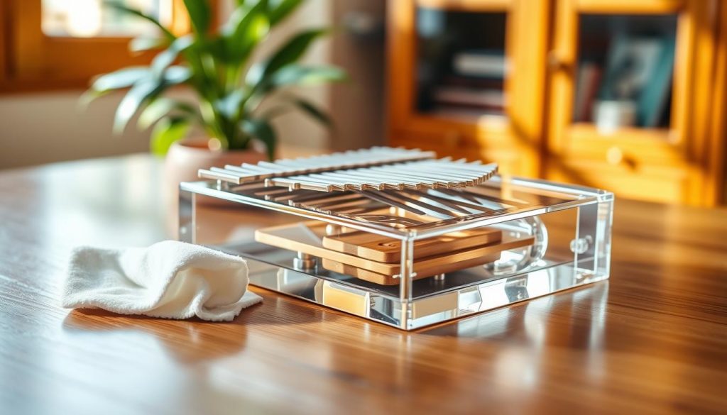 A close-up image of a beautifully crafted acrylic kalimba displayed elegantly on a polished wooden table. In the foreground, a soft, clean microfiber cloth is delicately placed beside the kalimba, demonstrating the importance of care after each use. The kalimba's transparent body showcases its intricate internal structure, with vibrant, clear notes glimmering under natural light. In the background, a softly blurred environment suggests a cozy music studio, with warm wood tones and a hint of greenery from a nearby potted plant. The lighting is warm and inviting, evoking a sense of tranquility and attentiveness. The overall mood is serene, emphasizing the significance of maintenance for preserving the kalimba's clear sound quality.