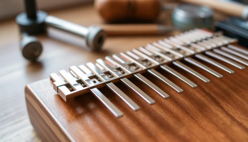 A close-up image of a kalimba with a focus on its metal tines, showcasing their alignment and spacing. The kalimba is placed on a wooden surface, reflecting natural wood grains, with soft, diffused lighting that highlights the metallic sheen of the tines. In the background, a blurred workspace reveals tuning tools like a tuning hammer and a tuner device, enhancing the musical craftsmanship atmosphere. The image is shot from a slightly elevated angle, allowing the viewer to see the tops of the tines clearly, emphasizing precision. The mood should be calm and focused, conveying the importance of proper alignment in tuning a kalimba effectively. A close-up image of a kalimba with a focus on its metal tines, showcasing their alignment and spacing. The kalimba is placed on a wooden surface, reflecting natural wood grains, with soft, diffused lighting that highlights the metallic sheen of the tines. In the background, a blurred workspace reveals tuning tools like a tuning hammer and a tuner device, enhancing the musical craftsmanship atmosphere. The image is shot from a slightly elevated angle, allowing the viewer to see the tops of the tines clearly, emphasizing precision. The mood should be calm and focused, conveying the importance of proper alignment in tuning a kalimba effectively.