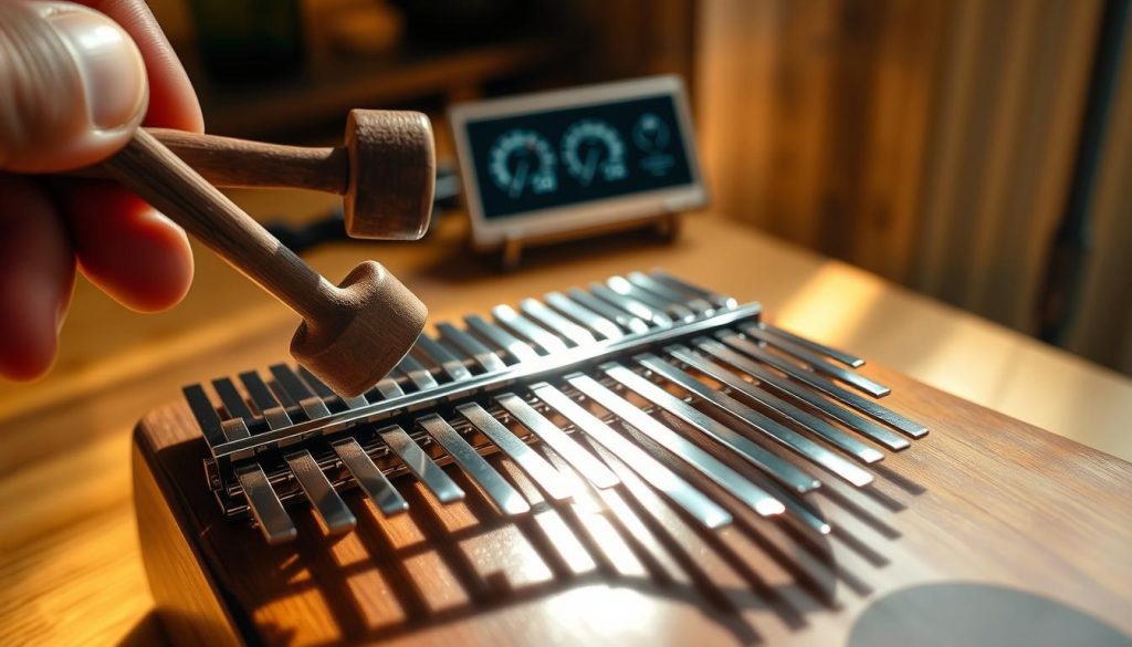A close-up of a kalimba being tuned, showcasing the intricate metal tines and wooden body. In the foreground, an experienced hand holds a traditional tuning hammer, poised to adjust one of the tines. The middle ground features a digital tuner displaying precise pitch readings, reflecting the precision of tuning. The background includes a softly lit, wooden table setting, enhancing the warm, inviting atmosphere. Natural light filters in from the right, creating gentle highlights on the kalimba's polished surface. The overall mood is focused and professional, conveying the art and science of tuning a musical instrument. Emphasize clarity and detail, ensuring the kalimba is front and center in an engaging composition. A close-up of a kalimba being tuned, showcasing the intricate metal tines and wooden body. In the foreground, an experienced hand holds a traditional tuning hammer, poised to adjust one of the tines. The middle ground features a digital tuner displaying precise pitch readings, reflecting the precision of tuning. The background includes a softly lit, wooden table setting, enhancing the warm, inviting atmosphere. Natural light filters in from the right, creating gentle highlights on the kalimba's polished surface. The overall mood is focused and professional, conveying the art and science of tuning a musical instrument. Emphasize clarity and detail, ensuring the kalimba is front and center in an engaging composition.