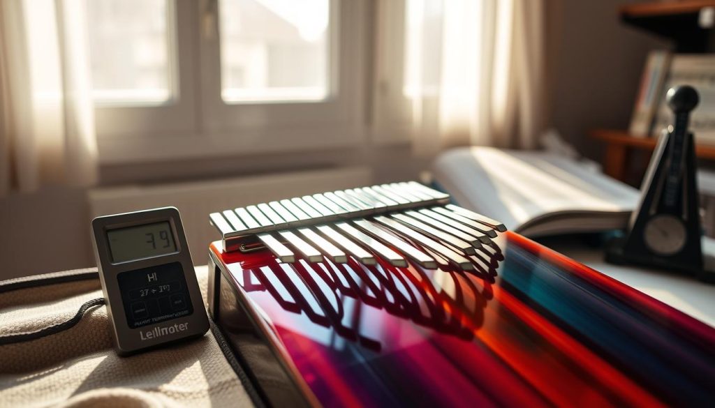 A close-up view of a beautifully crafted acrylic kalimba resting inside a protective instrument case. The foreground features the kalimba prominently, showcasing its intricate design and vibrant colors that reflect light beautifully. Beside the kalimba, a compact digital hygrometer-thermometer displays humidity and temperature readings, emphasizing the importance of climate control for this instrument. In the middle background, soft light filters through a window, creating a warm, inviting atmosphere. Gentle shadows cast by the window frame suggest a cozy indoor setting, enhancing the calm mood. The outer background hints at an organized music workspace with subtle details like sheet music and a metronome, providing context without distraction. Overall, the image conveys a sense of care and attention to maintaining the instrument’s condition against humidity and temperature fluctuations.