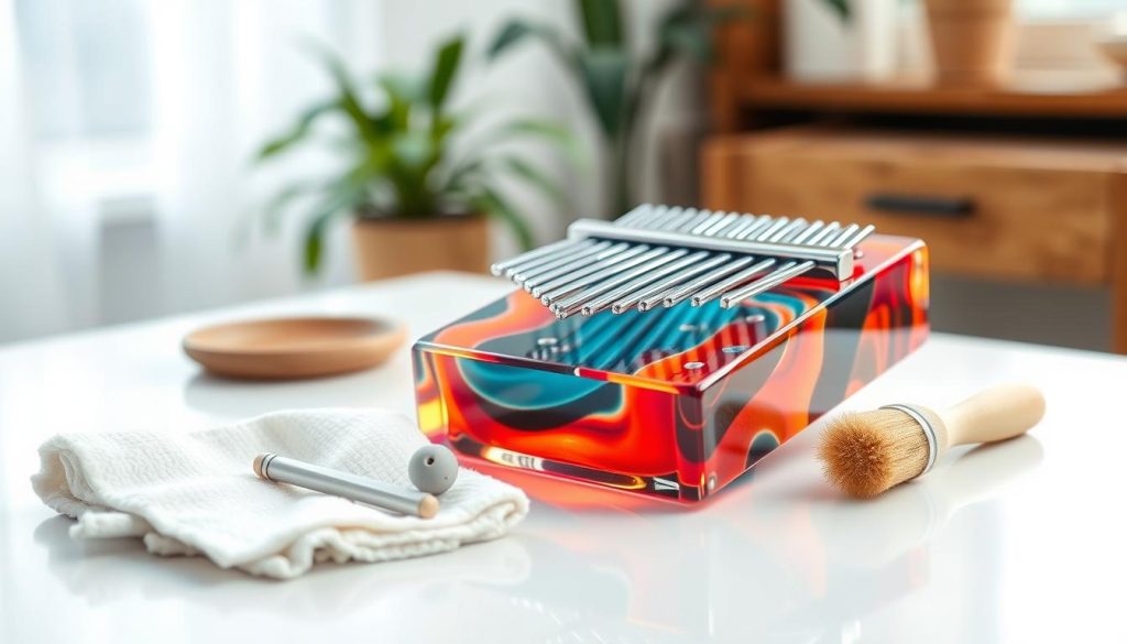 A close-up view of a beautifully crafted acrylic kalimba, set on a clean, white surface that emphasizes its vibrant colors and glossy finish. In the foreground, a set of gentle cleaning tools, like a soft microfiber cloth and a gentle brush, are arranged neatly alongside the kalimba, reflecting the theme of maintenance. The middle background showcases a soft, diffused light coming from a nearby window, creating subtle reflections on the acrylic surface, enhancing its transparency and shine. The background features a blurred-out wooden table and a few natural elements, such as a potted plant, to add warmth to the atmosphere. The overall mood is serene and inviting, symbolizing care and attention to detail in preserving the kalimba's beauty.