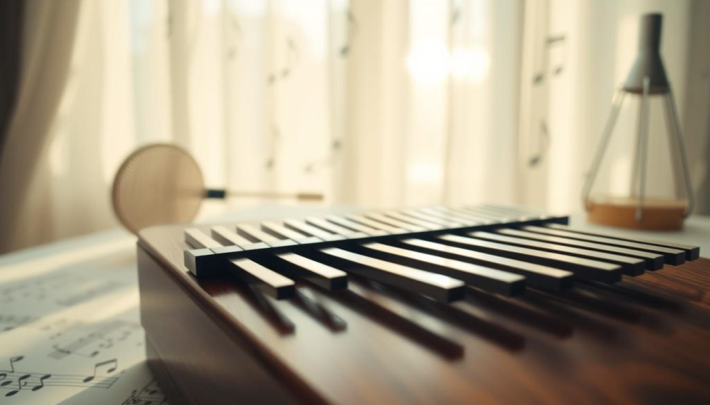 A close-up view of a kalimba, showcasing short metal tines, some appearing slightly raised while others remain flatter, reflecting variations in sound quality. The foreground should emphasize the kalimba's polished wooden body, highlighting details of the grain and craftsmanship. In the middle ground, the serene setting of a softly lit room, with a gentle glow filtering through sheer curtains, creates a warm ambiance. Subtle shadows play on the surface where the kalimba rests. The background consists of blurred musical notes and a tuning fork, enhancing the theme of sound correction. The overall atmosphere should feel calm and contemplative, evoking the therapeutic nature of music-making. Ensure there are no people present, creating an uninterrupted focus on the instrument itself. A close-up view of a kalimba, showcasing short metal tines, some appearing slightly raised while others remain flatter, reflecting variations in sound quality. The foreground should emphasize the kalimba's polished wooden body, highlighting details of the grain and craftsmanship. In the middle ground, the serene setting of a softly lit room, with a gentle glow filtering through sheer curtains, creates a warm ambiance. Subtle shadows play on the surface where the kalimba rests. The background consists of blurred musical notes and a tuning fork, enhancing the theme of sound correction. The overall atmosphere should feel calm and contemplative, evoking the therapeutic nature of music-making. Ensure there are no people present, creating an uninterrupted focus on the instrument itself.