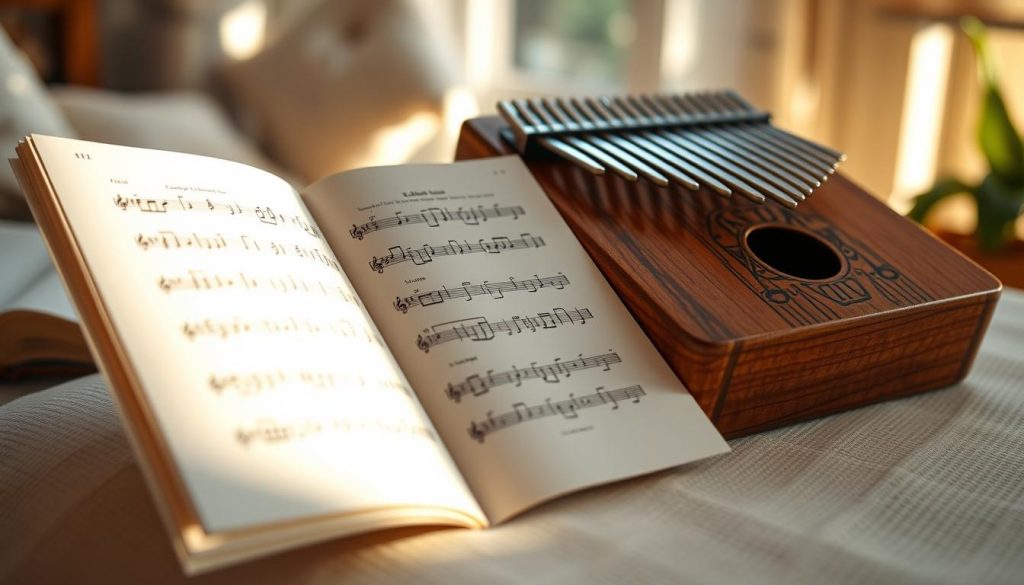 A close-up view of a kalimba with a beautifully engraved wooden body, positioned on a light, textured surface. In the foreground, an open sheet of kalimba tablature, featuring clear digits and note symbols, complements the instrument. The sheet music is partially illuminated by soft, warm lighting, highlighting the delicate notes and making them easy to read. The background softly blurs into a cozy, well-lit room, filled with musical notes and a hint of nature through a window. The overall mood conveys a serene atmosphere, inviting a sense of calm and focus, perfect for learning how to read kalimba music. A close-up view of a kalimba with a beautifully engraved wooden body, positioned on a light, textured surface. In the foreground, an open sheet of kalimba tablature, featuring clear digits and note symbols, complements the instrument. The sheet music is partially illuminated by soft, warm lighting, highlighting the delicate notes and making them easy to read. The background softly blurs into a cozy, well-lit room, filled with musical notes and a hint of nature through a window. The overall mood conveys a serene atmosphere, inviting a sense of calm and focus, perfect for learning how to read kalimba music.