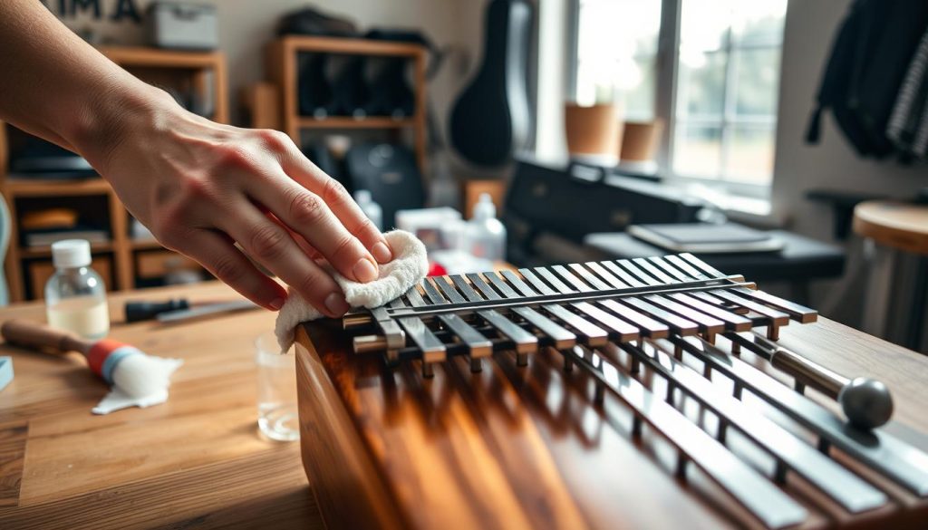 A detailed and visually compelling image of a kalimba maintenance scene. In the foreground, a pair of hands delicately cleaning the metal tines of a kalimba with a soft cloth, highlighting the instruments' polished surface. The middle ground features various cleaning accessories such as a small brush, a bottle of cleaning solution, and a tuning hammer, all arranged neatly on a wooden table. In the background, there is a calm, well-lit workshop with shelves containing kalimba cases and other music accessories. Soft, natural light filters through a nearby window, casting gentle shadows and creating a warm, inviting atmosphere. The overall mood is one of care and craftsmanship, emphasizing the importance of instrument maintenance. A detailed and visually compelling image of a kalimba maintenance scene. In the foreground, a pair of hands delicately cleaning the metal tines of a kalimba with a soft cloth, highlighting the instruments' polished surface. The middle ground features various cleaning accessories such as a small brush, a bottle of cleaning solution, and a tuning hammer, all arranged neatly on a wooden table. In the background, there is a calm, well-lit workshop with shelves containing kalimba cases and other music accessories. Soft, natural light filters through a nearby window, casting gentle shadows and creating a warm, inviting atmosphere. The overall mood is one of care and craftsmanship, emphasizing the importance of instrument maintenance.