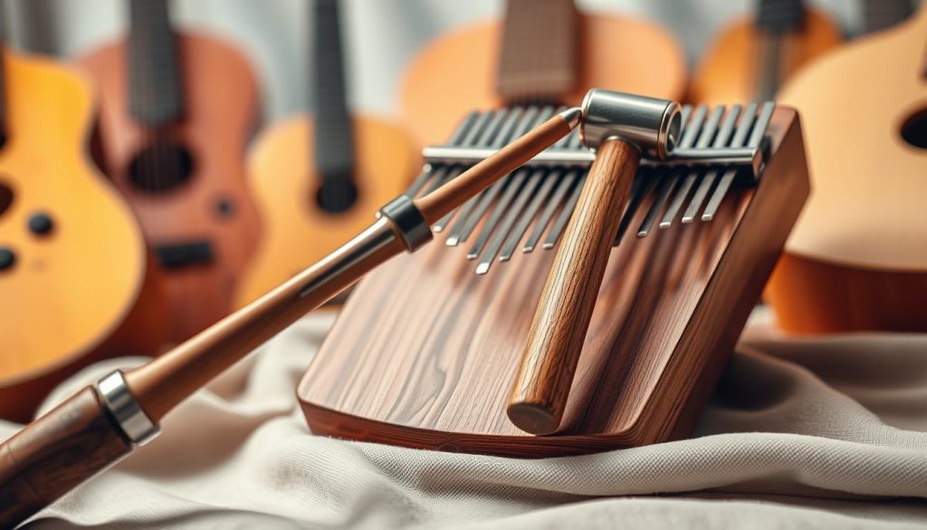 A high-quality image of a kalimba tuning hammer, prominently displayed in the foreground. The hammer is elegantly crafted, featuring a wooden handle and metallic head. In the middle ground, a well-tuned kalimba rests on a soft cloth, showcasing its smooth keys and intricate design, reflecting natural wood grains. The background is softly blurred, filled with warm-toned musical instruments, creating an inviting atmosphere. Soft, diffused lighting highlights the textures of the hammer and kalimba, creating a serene and focused mood ideal for musicians. The angle is slightly tilted, emphasizing depth and dimension in the composition, drawing attention to both the tuning hammer and the instrument it serves. A high-quality image of a kalimba tuning hammer, prominently displayed in the foreground. The hammer is elegantly crafted, featuring a wooden handle and metallic head. In the middle ground, a well-tuned kalimba rests on a soft cloth, showcasing its smooth keys and intricate design, reflecting natural wood grains. The background is softly blurred, filled with warm-toned musical instruments, creating an inviting atmosphere. Soft, diffused lighting highlights the textures of the hammer and kalimba, creating a serene and focused mood ideal for musicians. The angle is slightly tilted, emphasizing depth and dimension in the composition, drawing attention to both the tuning hammer and the instrument it serves.