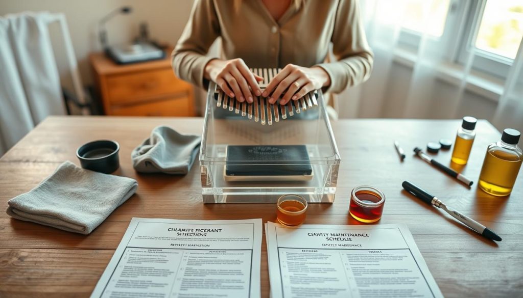 A serene workspace featuring a polished acrylic kalimba as the focal point, positioned on a wooden table surrounded by maintenance supplies like cloths, oil, and cleaning tools. In the foreground, there are open instruction sheets detailing a bi-weekly maintenance schedule. The middle ground shows a pair of hands gently cleaning the kalimba, dressed in simple, casual clothing, emphasizing care and attention. In the background, soft light filters through a large window, creating a warm and inviting atmosphere. The overall mood is tranquil and focused, highlighting the importance of regular maintenance for the kalimba's sound quality and longevity. The composition captures both the instrument and the care required to preserve it beautifully.