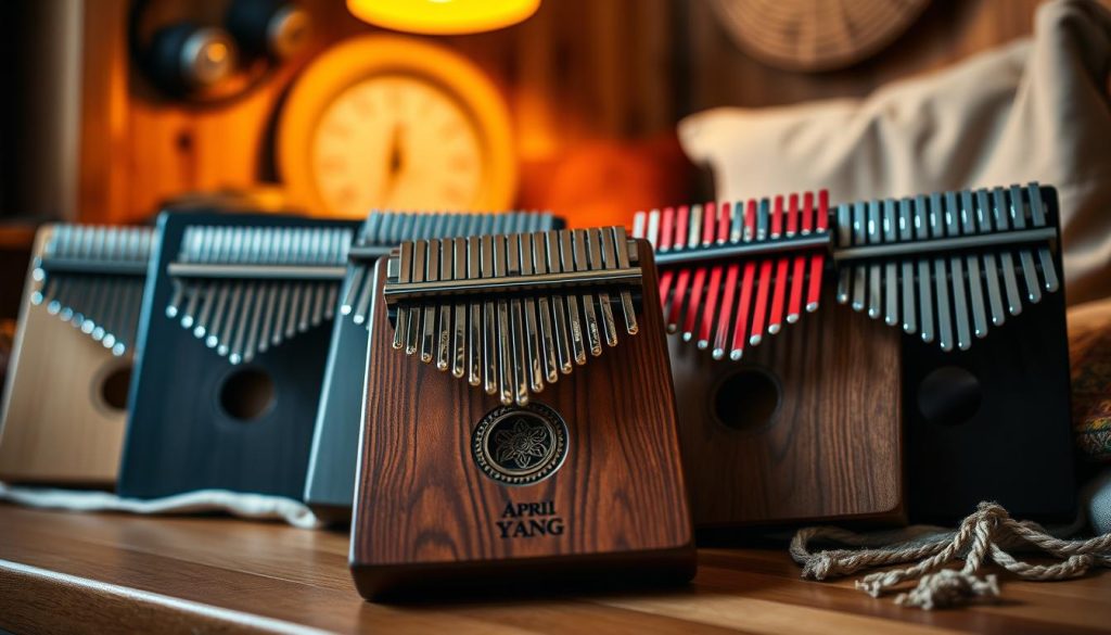 A beautifully arranged display of Kalimbas, prominently featuring an April Yang kalimba in the foreground, showcasing its elegant wood grain and intricate carvings. Next to it, a Hluru kalimba with vibrant colors rests in a soft, atmospheric glow, reflecting a warm light from an overhead source that adds depth and richness to the scene. In the background, other notable brands are subtly visible, creating a harmonious blend of designs and textures. The setting is a cozy studio environment with wooden textures and soft textiles, evoking a serene and inviting atmosphere. The focus is sharp on the instruments, with a slight bokeh effect in the background to enhance visual interest. Aim for a warm color palette, evoking creativity and peacefulness, inviting the viewer to explore the differences in the kalimbas. A beautifully arranged display of Kalimbas, prominently featuring an April Yang kalimba in the foreground, showcasing its elegant wood grain and intricate carvings. Next to it, a Hluru kalimba with vibrant colors rests in a soft, atmospheric glow, reflecting a warm light from an overhead source that adds depth and richness to the scene. In the background, other notable brands are subtly visible, creating a harmonious blend of designs and textures. The setting is a cozy studio environment with wooden textures and soft textiles, evoking a serene and inviting atmosphere. The focus is sharp on the instruments, with a slight bokeh effect in the background to enhance visual interest. Aim for a warm color palette, evoking creativity and peacefulness, inviting the viewer to explore the differences in the kalimbas.